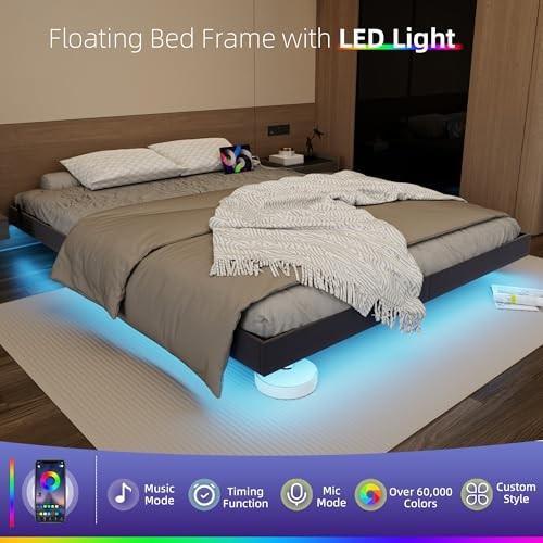 Floating Bed Frame Size with LED Lights California King Floating 8.6″ Black Pu
