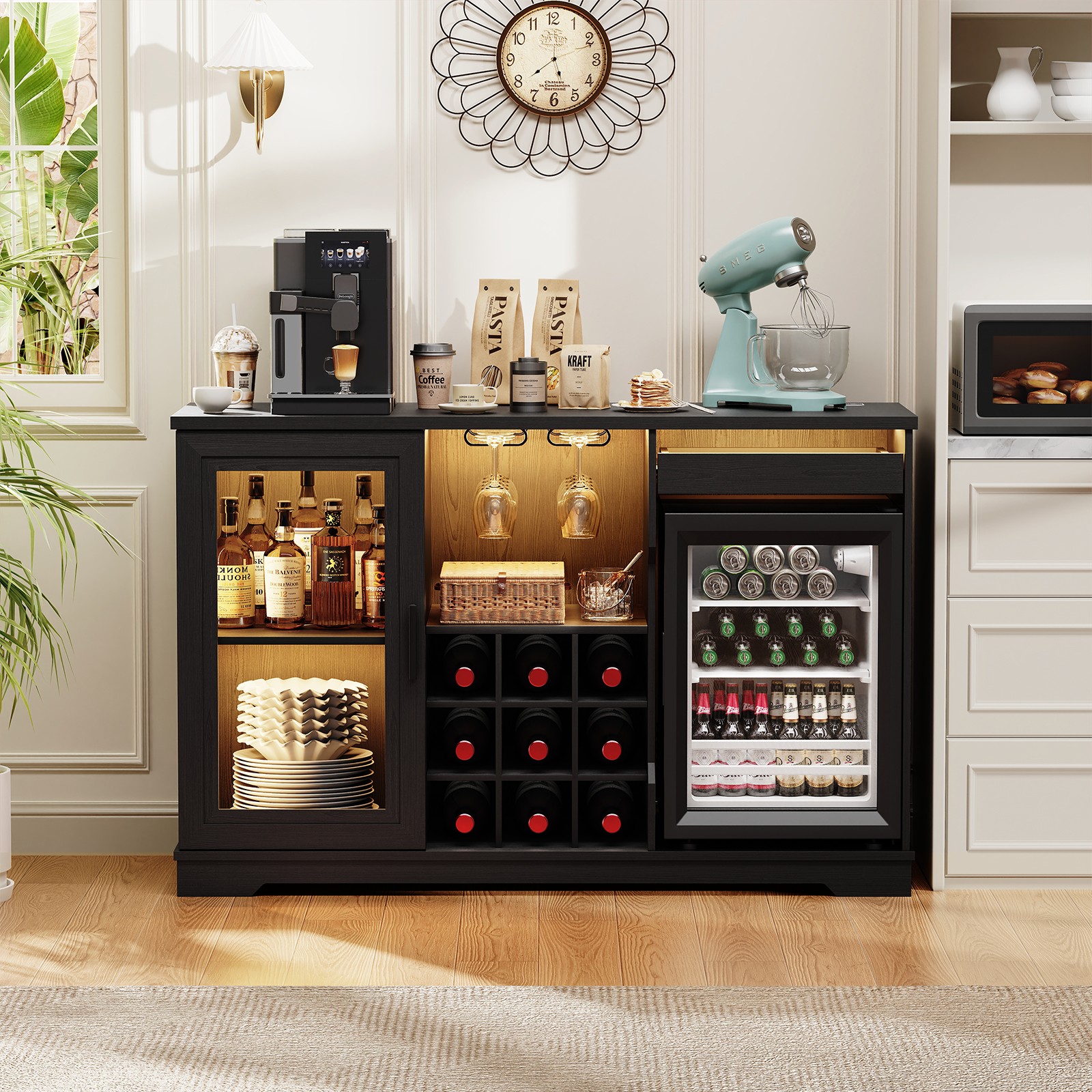 47″ Wine Bar Cabinet Buffet Liquor Storage with LED Lights, Built-in Mini Fridge