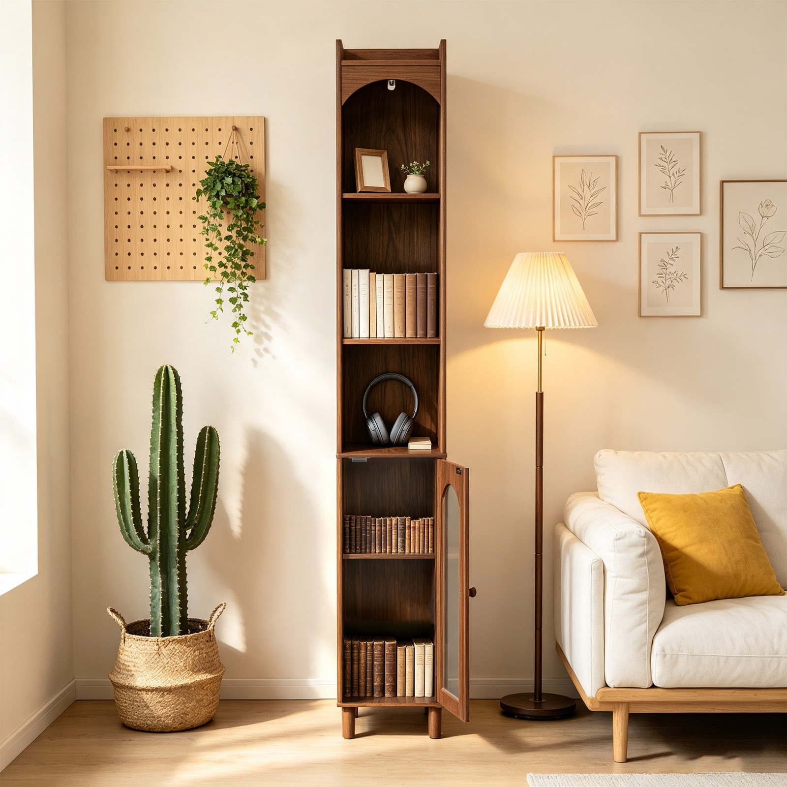 68.9″ Tall Narrow Bookcase for Home Office,with 1 Storage Cabinet&6 Tiers Shelf
