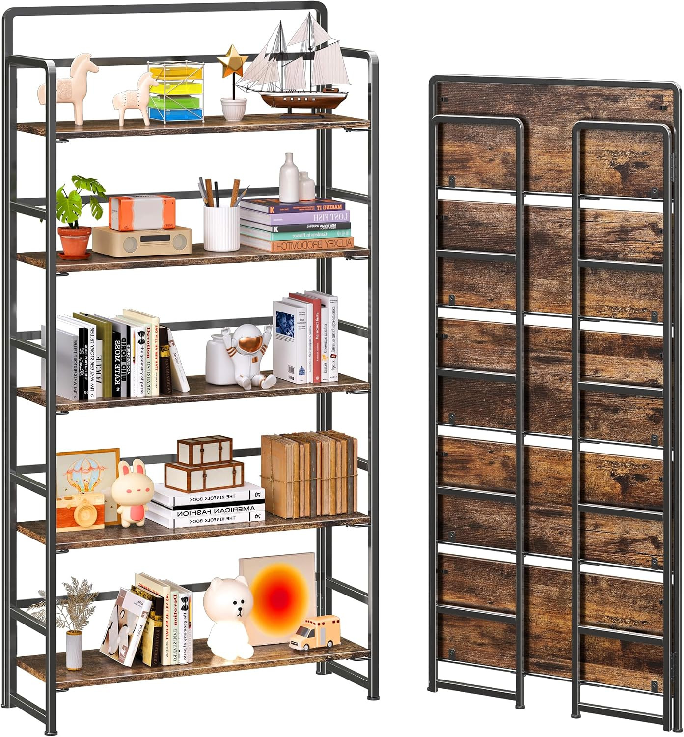 No Assembly Extra Wide 5 Tiers Folding Bookshelf Storage Shelves Vintage Bookcas