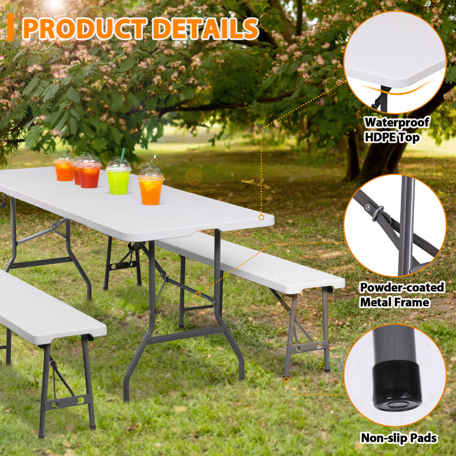 6 ft Plastic Folding Table Set with 2 Benches, camping Table for Party Picnic