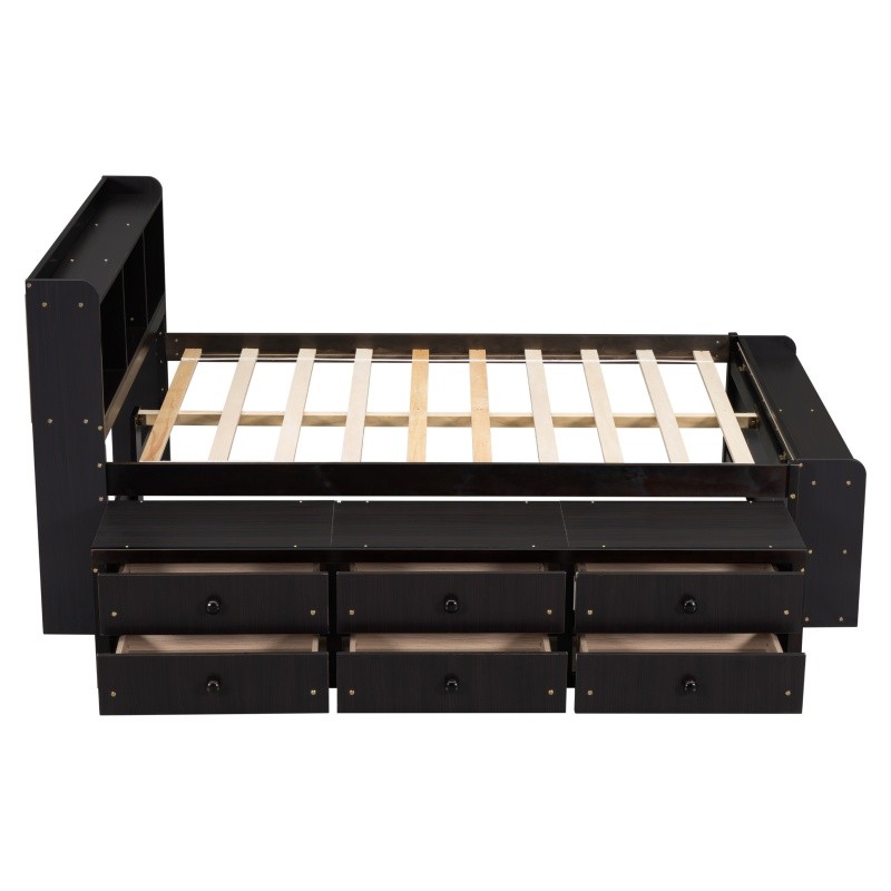 Full Size Wood Storage Bed w/Bookcase,6 Drawers & Bed End Storage Case Espresso