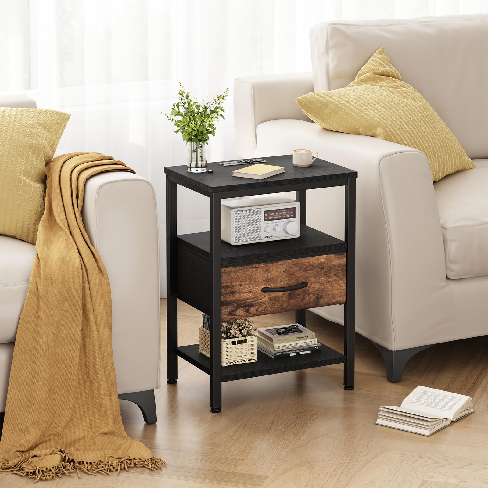 Bedside Table Charging Station Fabric Drawer 3Tier Storage End Black Brown