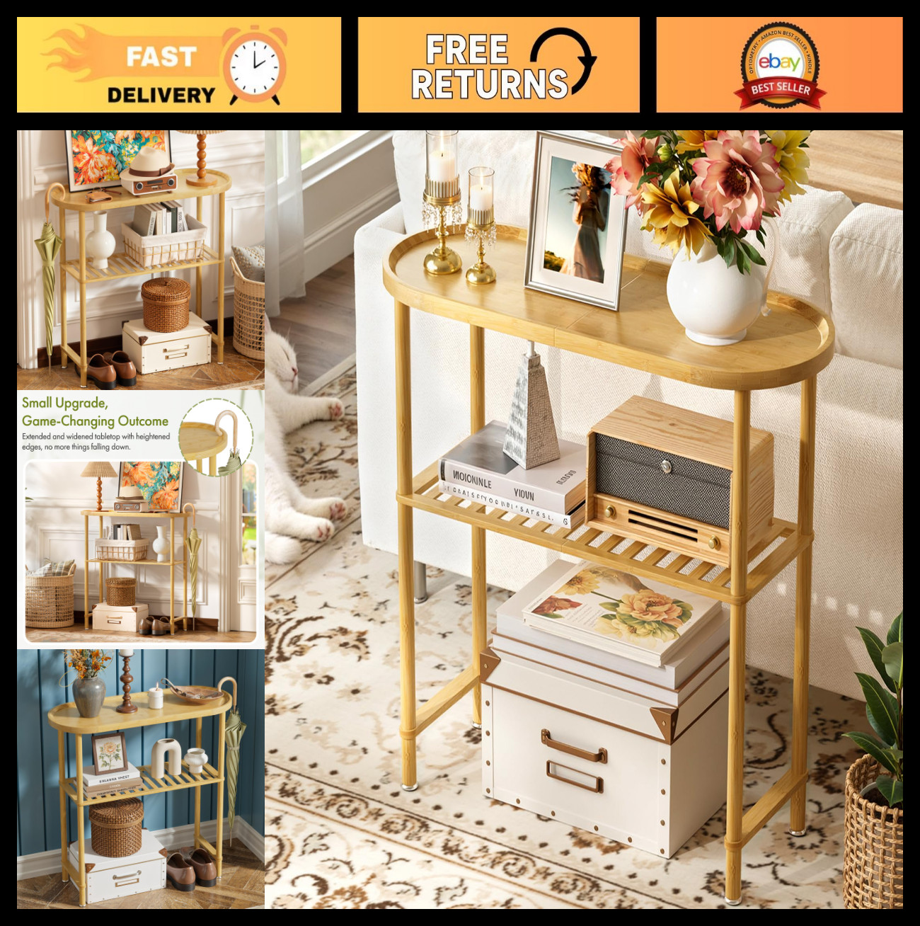 Narrow Bamboo Entryway Table 30.7″ – Slim Console with Oval Top, 2-Tier Design,