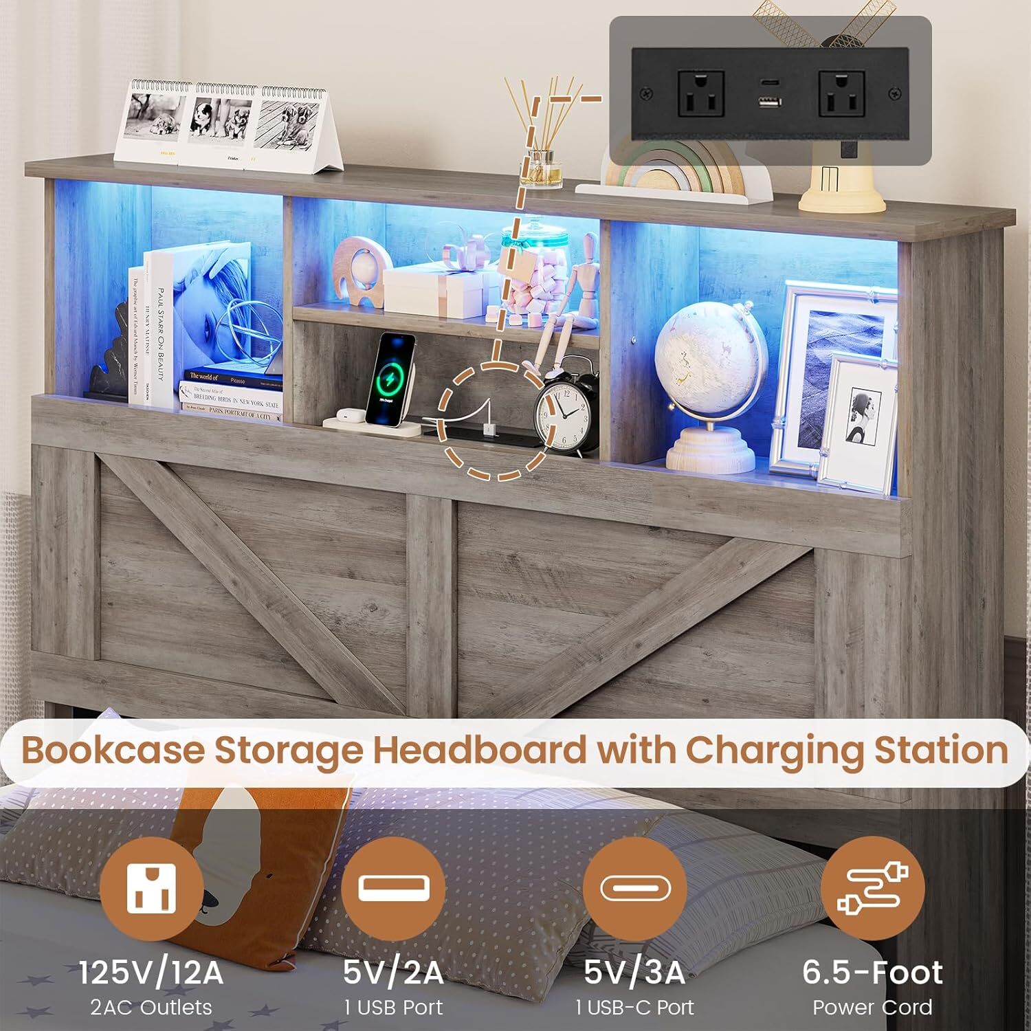 Farmhouse Bed Frame with Bookcase Storage Headboard & 4 Drawers. LED Wooden Bed