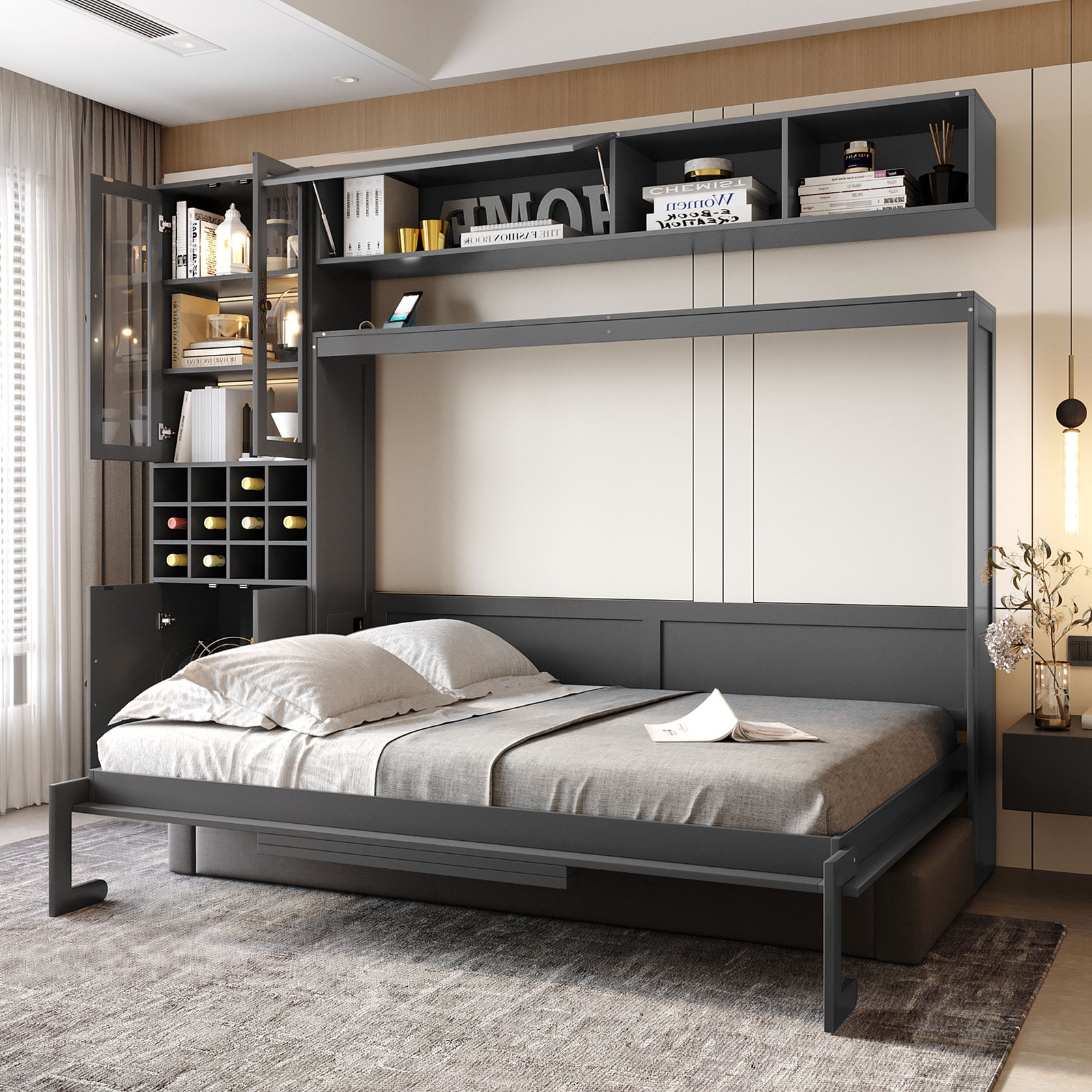Full Size Murphy Bed with Sofa, Shelves, USB & Light, Gray