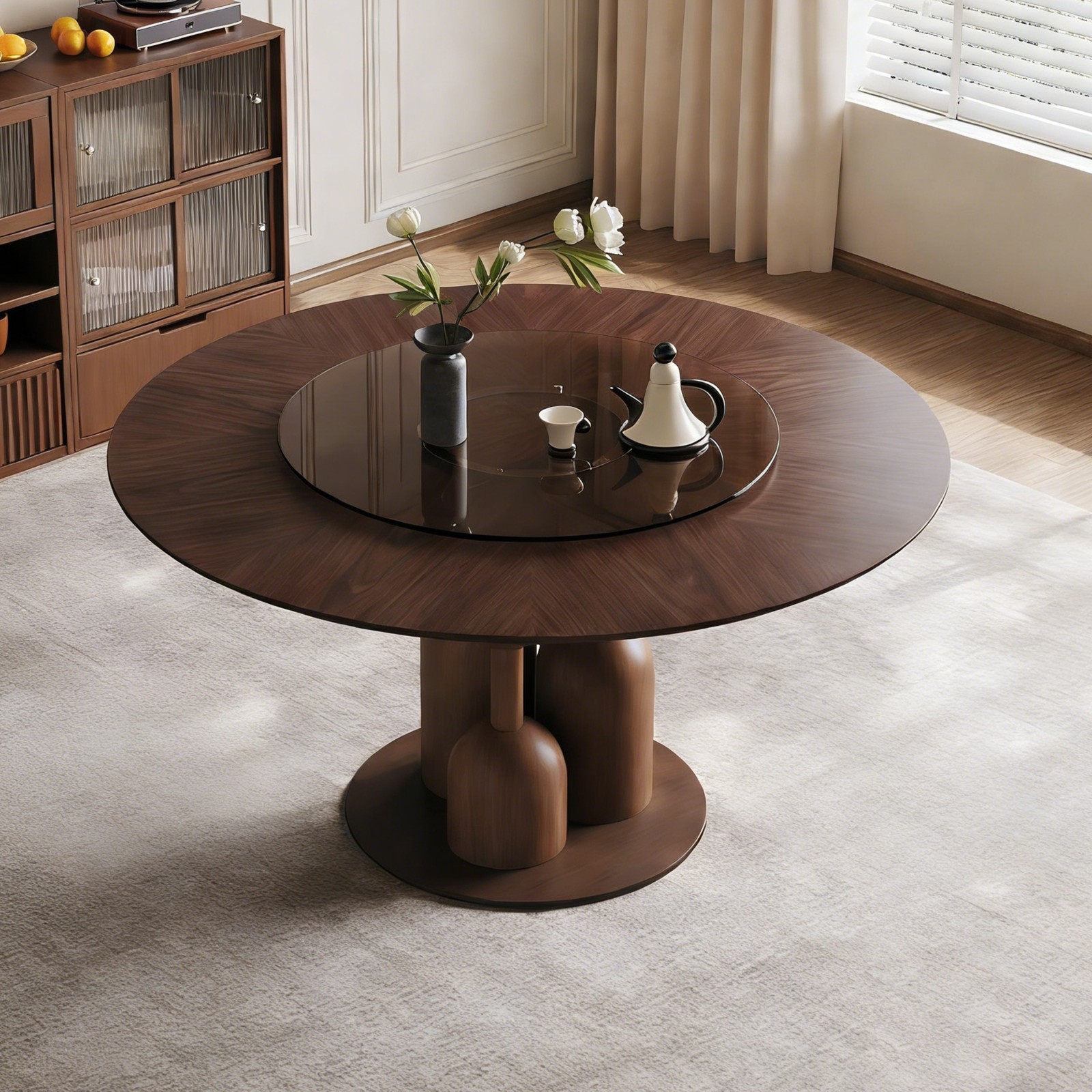 59-inch Round Dining Table with 35 in Tempered Glass Lazy Susan for Living Room
