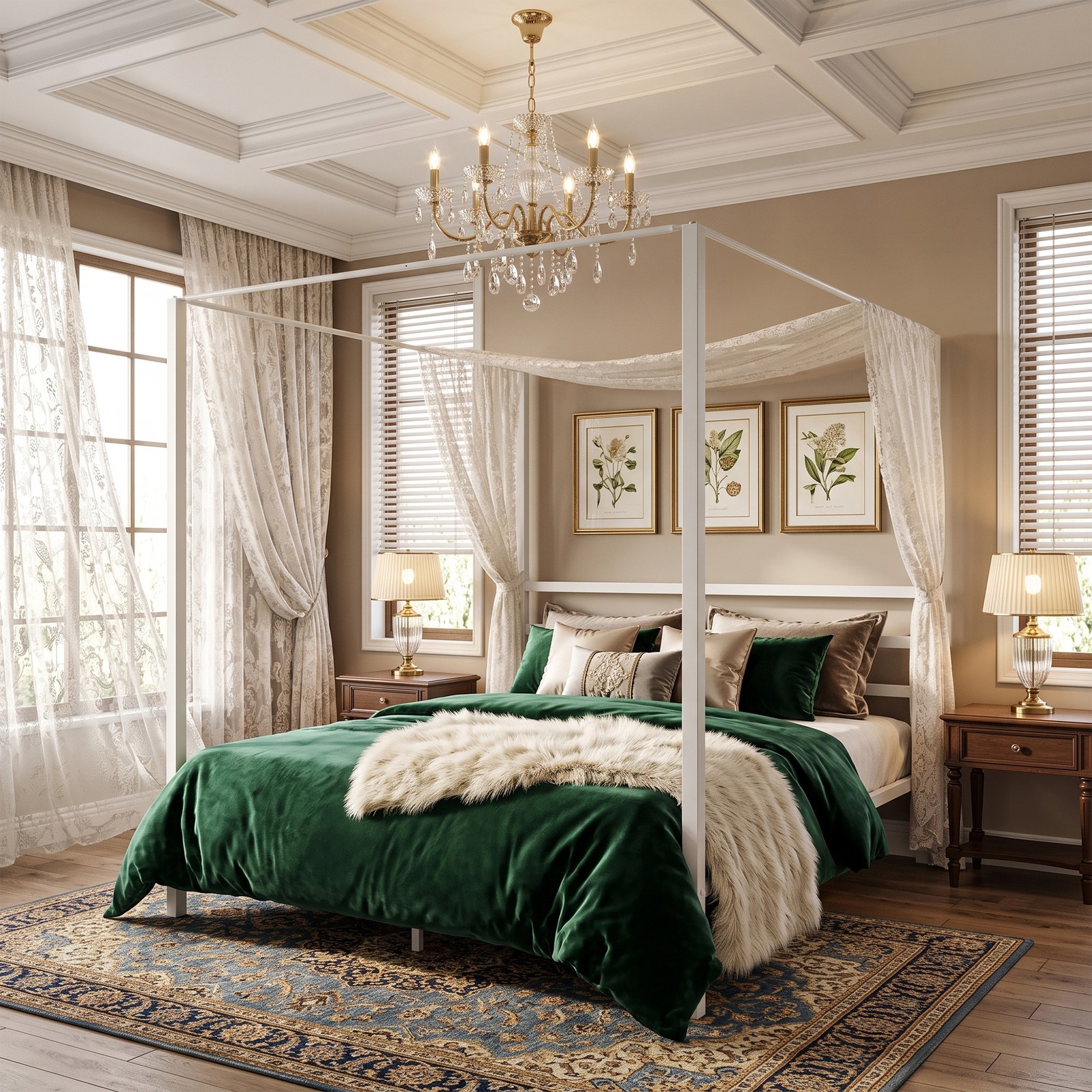 Full Size Bed Frame Canopy Top Design Customizable Bedroom Metal Bed Frame White