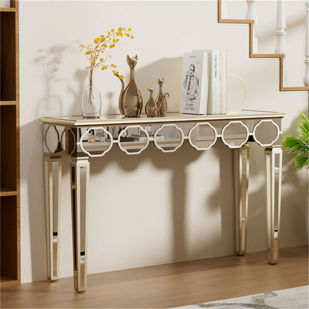 FATIVO Glass Mirrored Console Table Gold Trim Side Bar Table Living Room Hallway