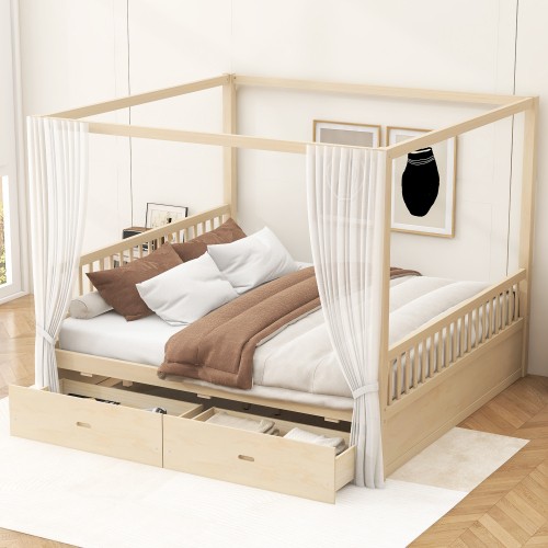 Queen King Size Canopy Bed Frame Wooden Platform Bed Frames with Storage Drawers