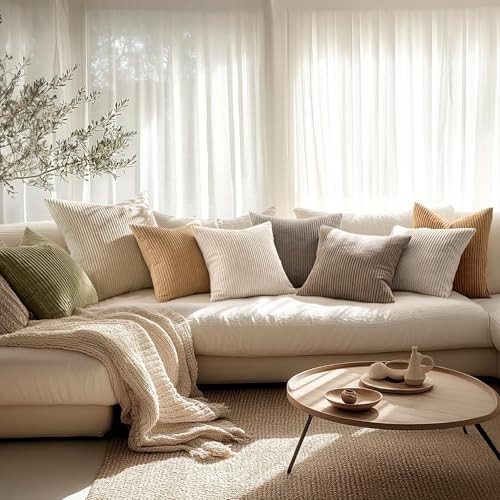 Decorative Corduroy Pillow Covers Soft Solid 18″ x 18″ (Pack of 2) Cream White