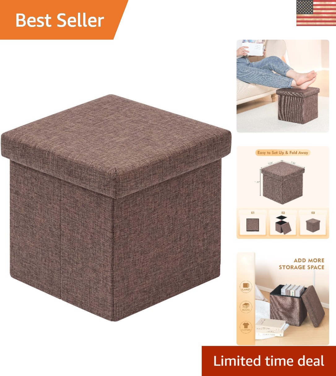 Elegant Foldable Ottoman Cube – Lightweight Storage Footrest in Brown Linen