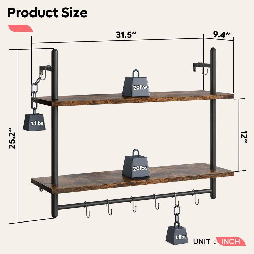 31.5 In. W X 9 In. D Kitchen Decorative Wall Shelf Towel Bar Hooks Wine Hanging