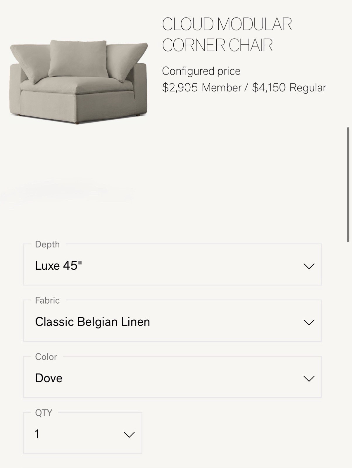 Restoration Hardware Cloud Modular Luxe Corner Chair Slipcover Belgia Linen Dove