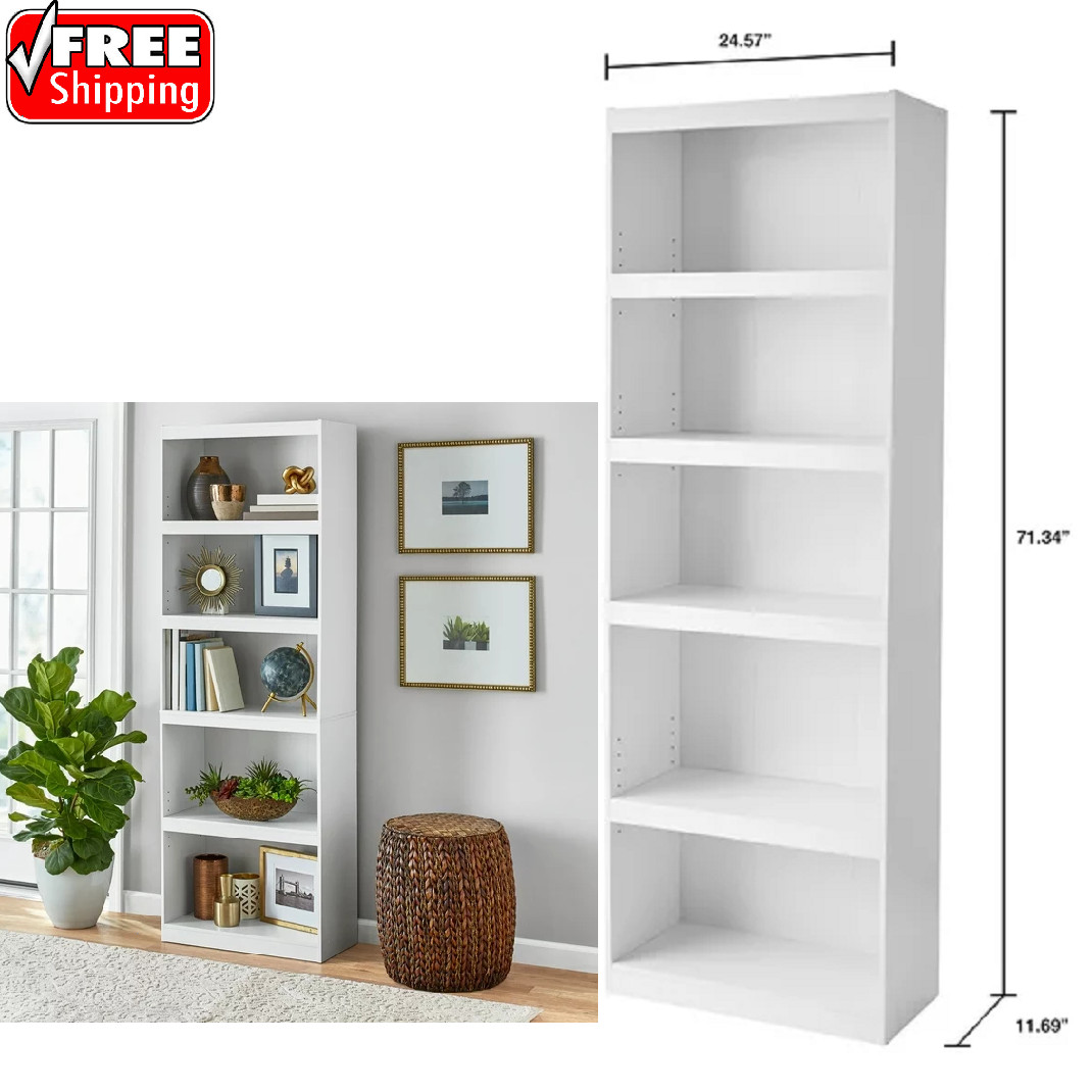71″ Tall Adjustable Framed 5-Shelf Wood Bookcase Storage Shelving Wide Bookshelf
