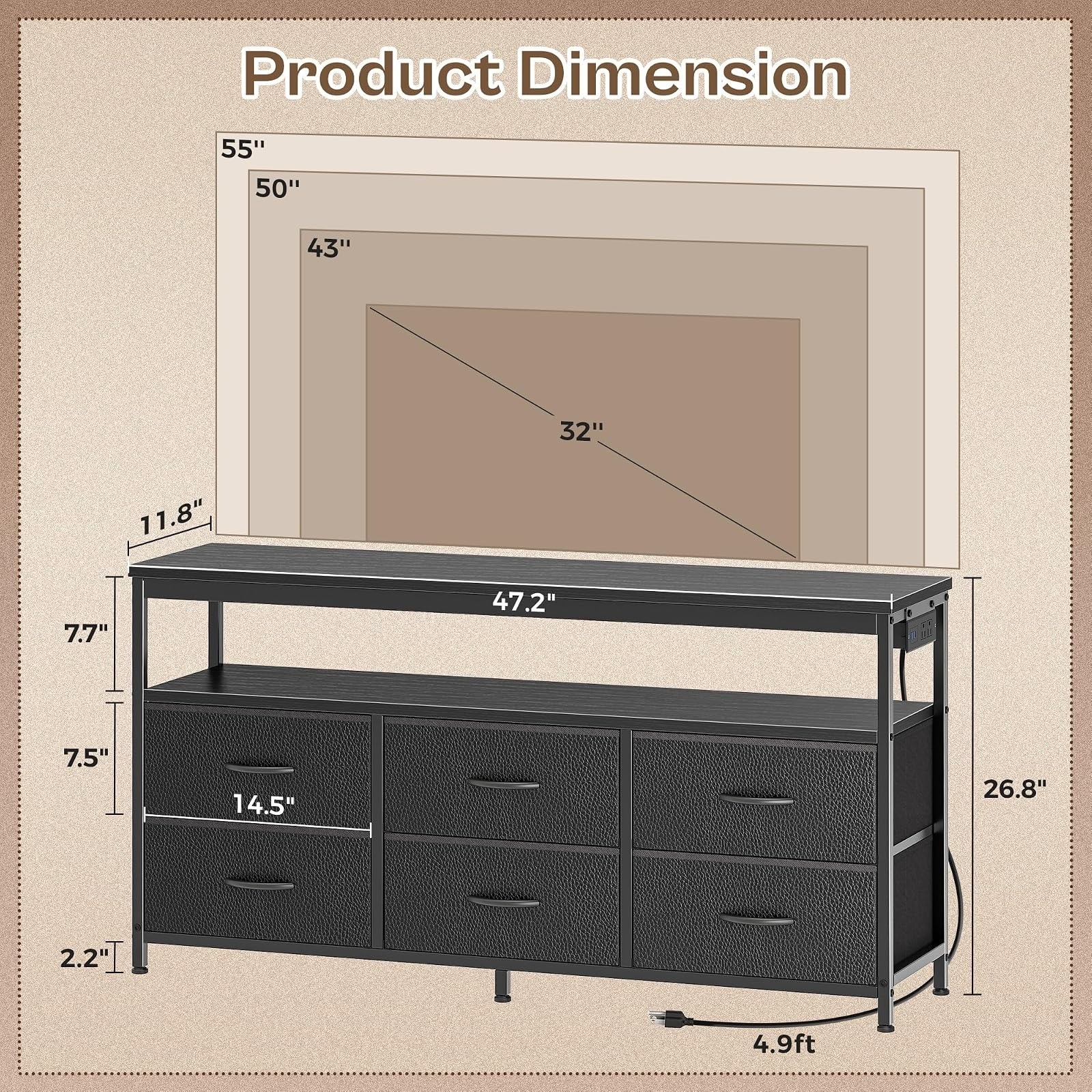 Huuger LED TV Stand for 43-55 Inch TV, 6 Drawer Storage, Black