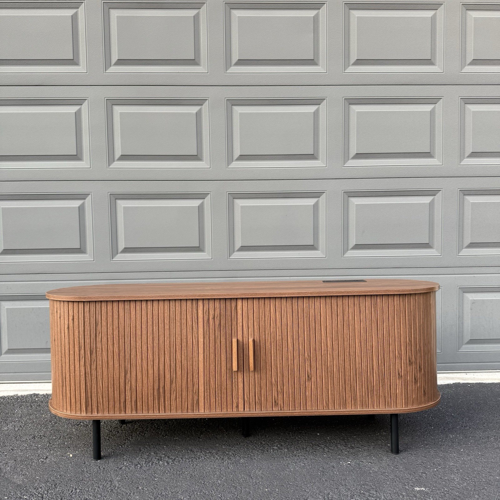 55” Wooden Tambour Door TV Stand with Power Outlet – Walnut