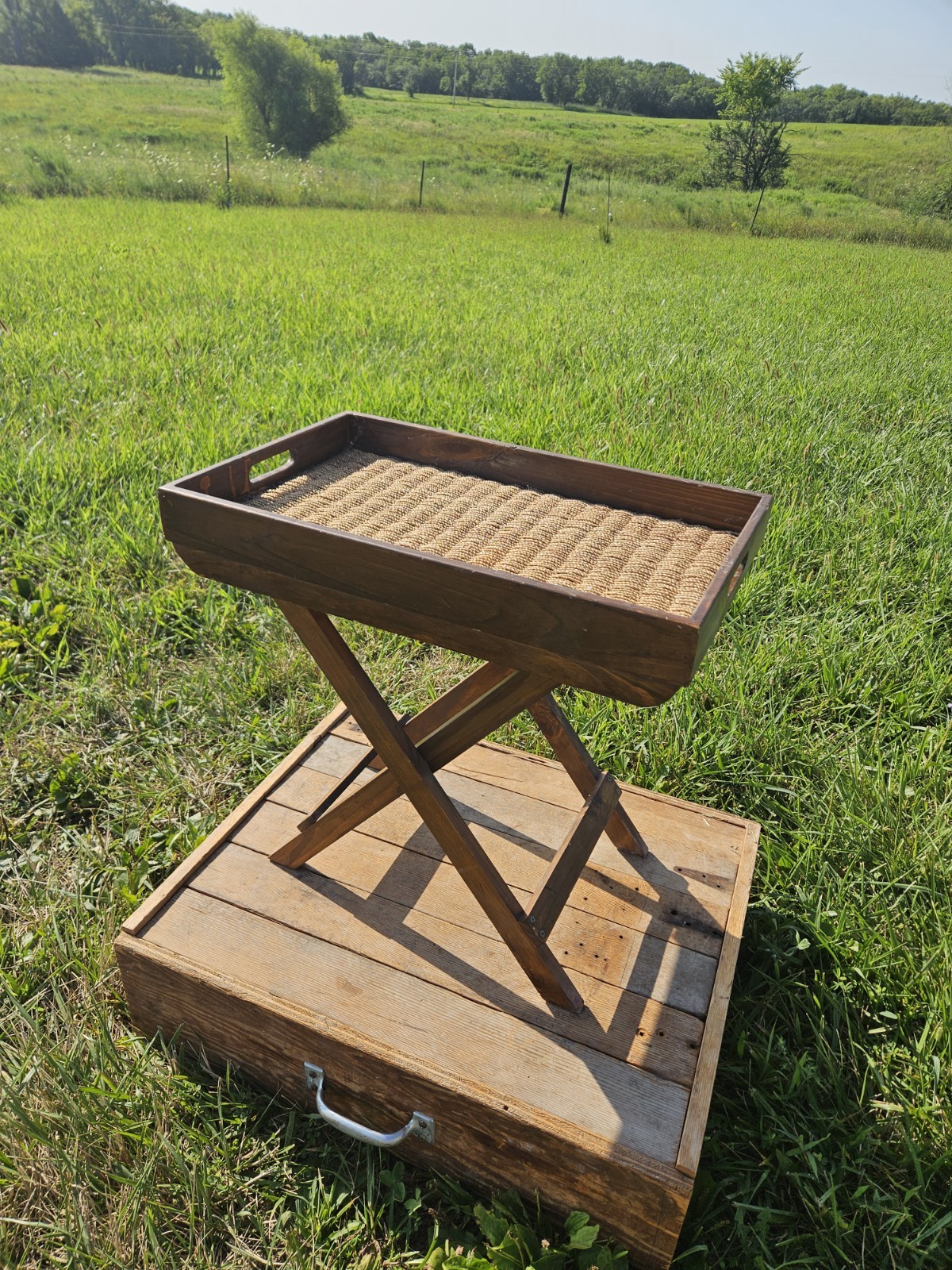 Rustic Farmhouse Butler Tray Table Foldable Wood Woven Grass Rattan Accent TV
