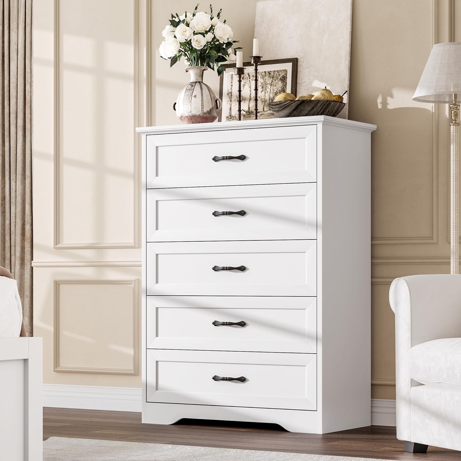 5-Drawers Dresser 31.5″ Tall White Wood en Chest for Bedroom Living Room Storage