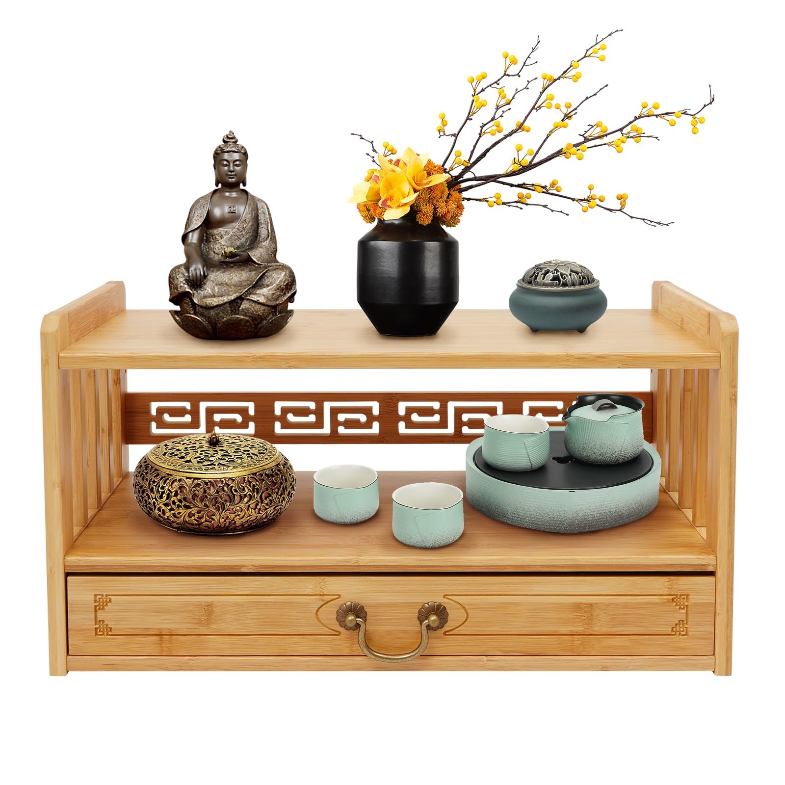 Bamboo Altar Table with Drawer for Meditation, Natural, 20.5in Wide