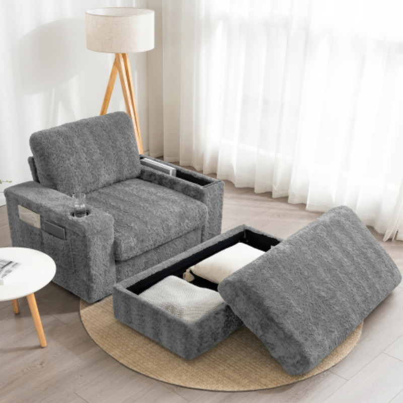42″ Chaise Indoor,Faux Rabbit Fur Sofa Bed Cup Holders,Upholstered Sleeper Chair