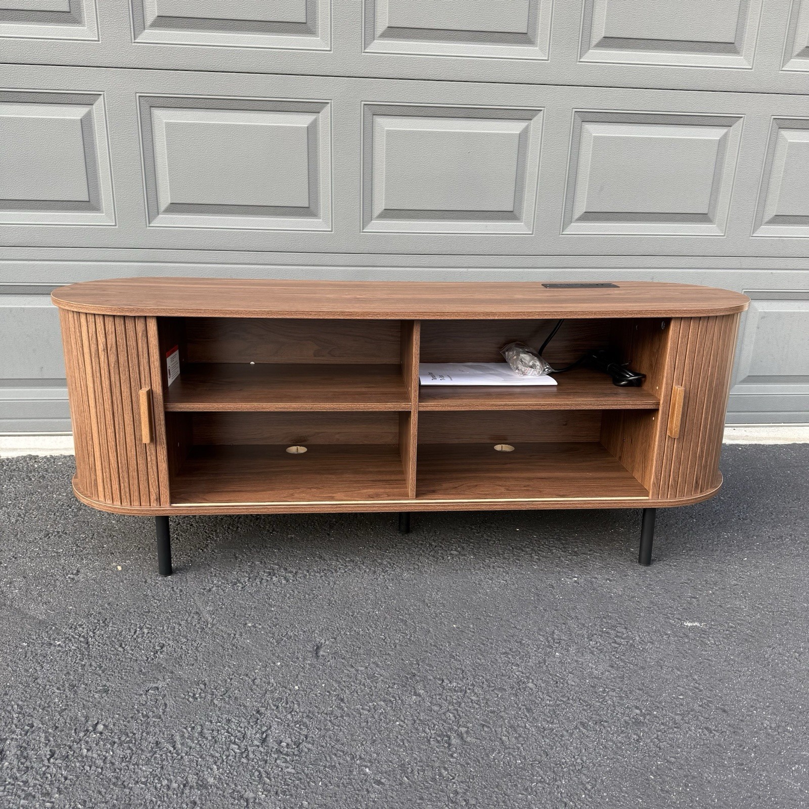 55” Wooden Tambour Door TV Stand with Power Outlet – Walnut