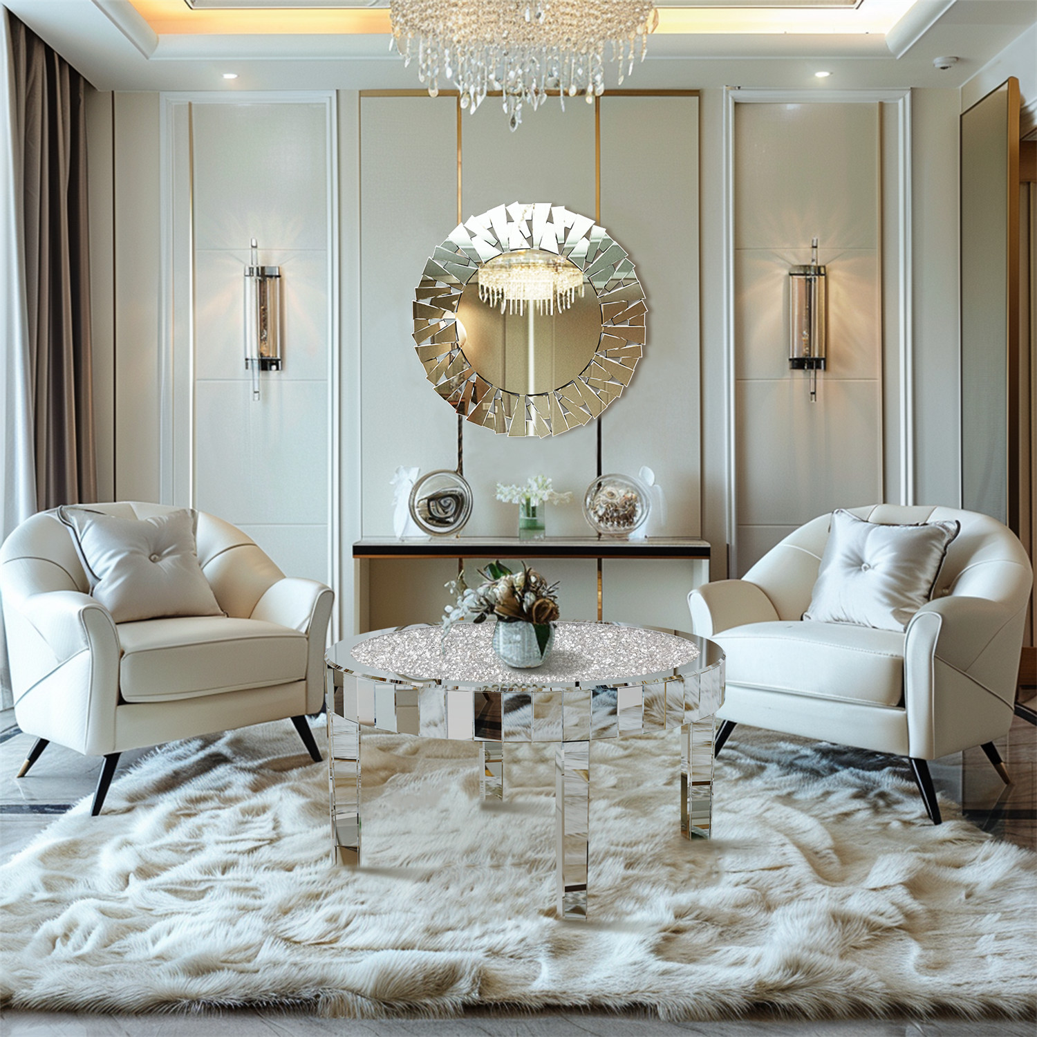 Shiny Silver Mirrored Coffee Table Mirror Crystal Inlay Round End Cocktail Table