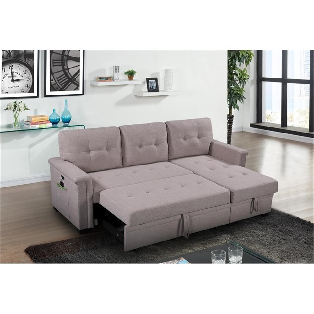 Bowery Hill Light Gray Reversible Sleeper Sofa Storage Chaise USB Charging Port