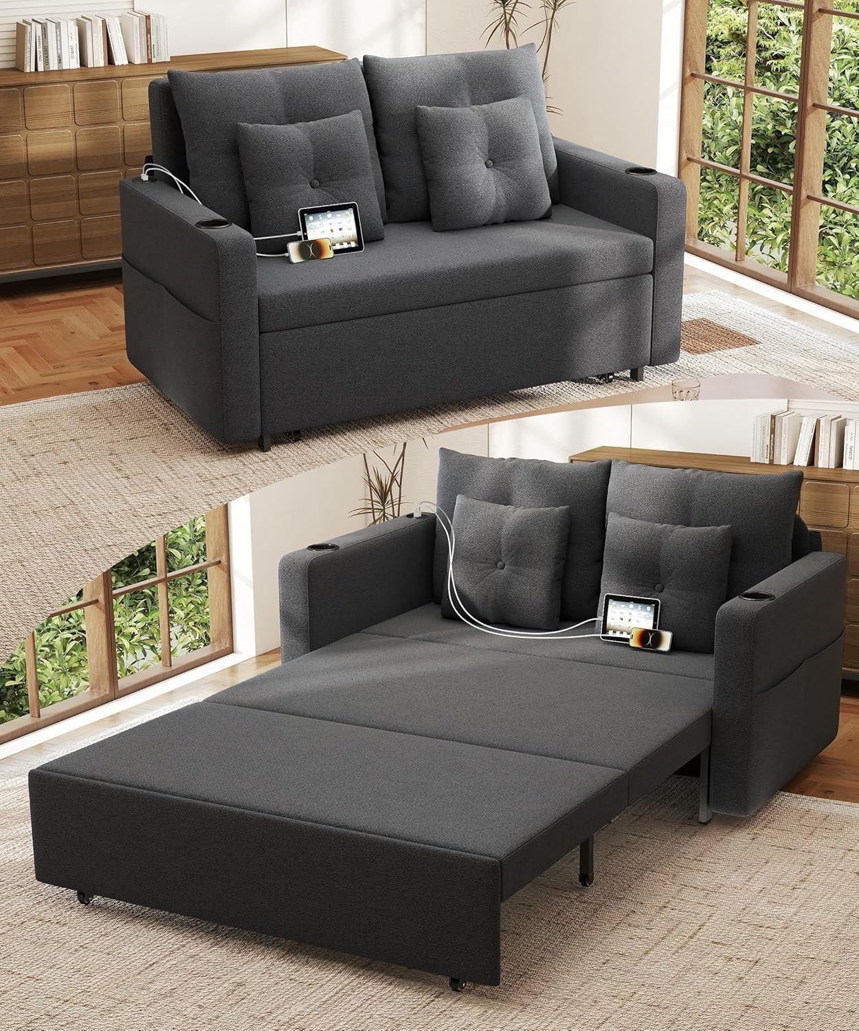 3in 1 Sofa Bed,56″Convertible Pull Out Couch,Loveseat Sleeper Sofa W/Cup Holders