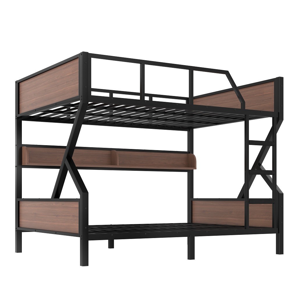 Queen Over Queen Bunk Bed with Storage, LED Lighting, Quiet Metal Frame