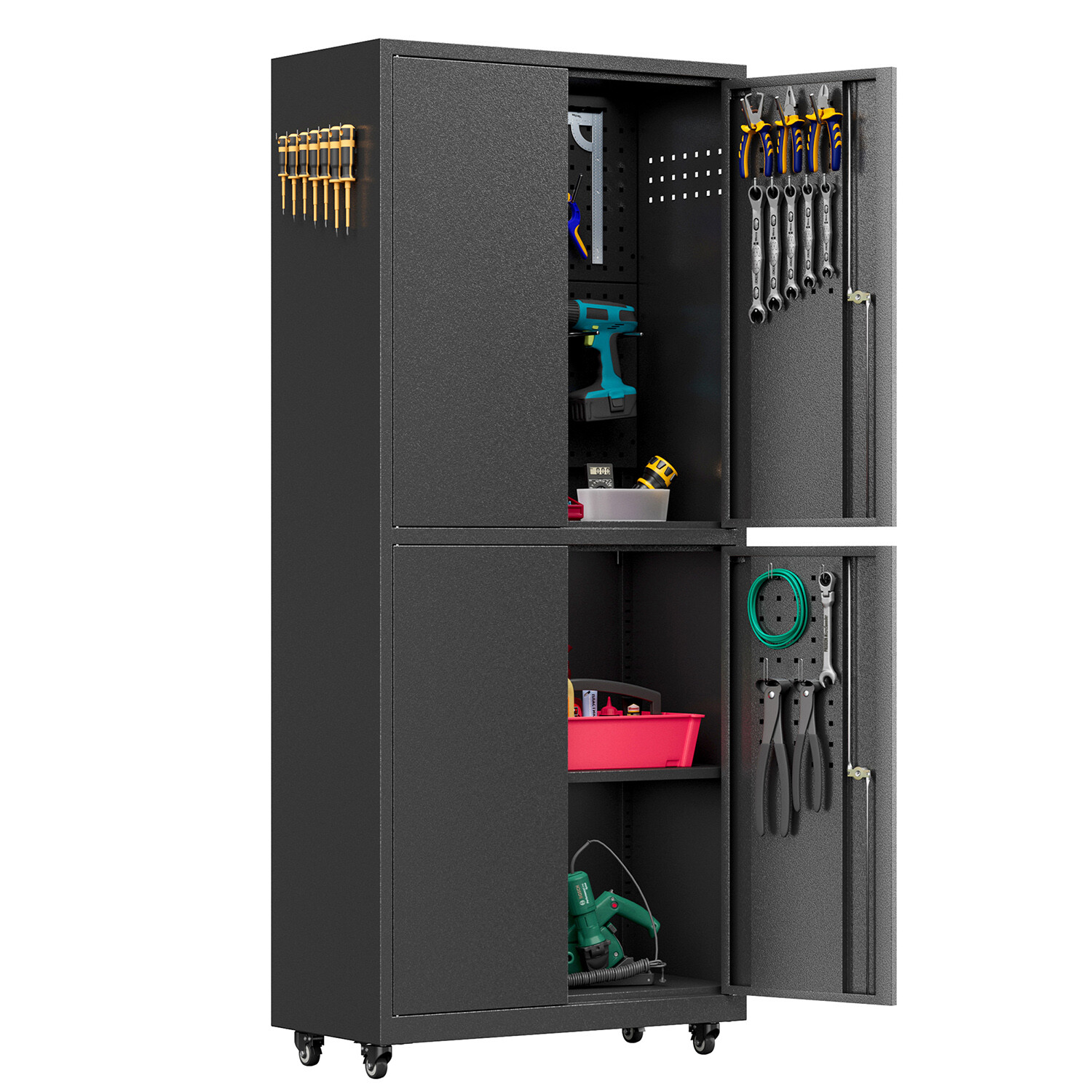 Metal Garage Storage Cabinet with Wheels,Rolling Cabinet with 4 Doors for Home
