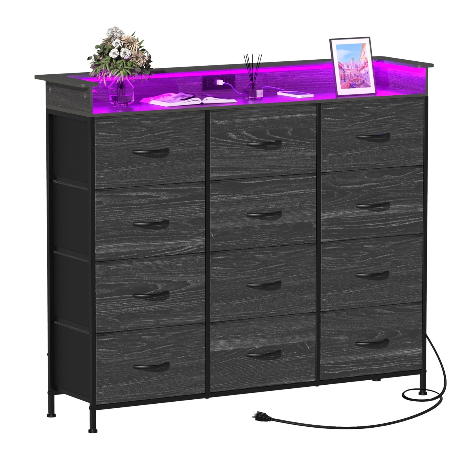 Welfuturer Black Dresser with 49.5″D x 12.5″W x 41.5″H (12 Drawers),