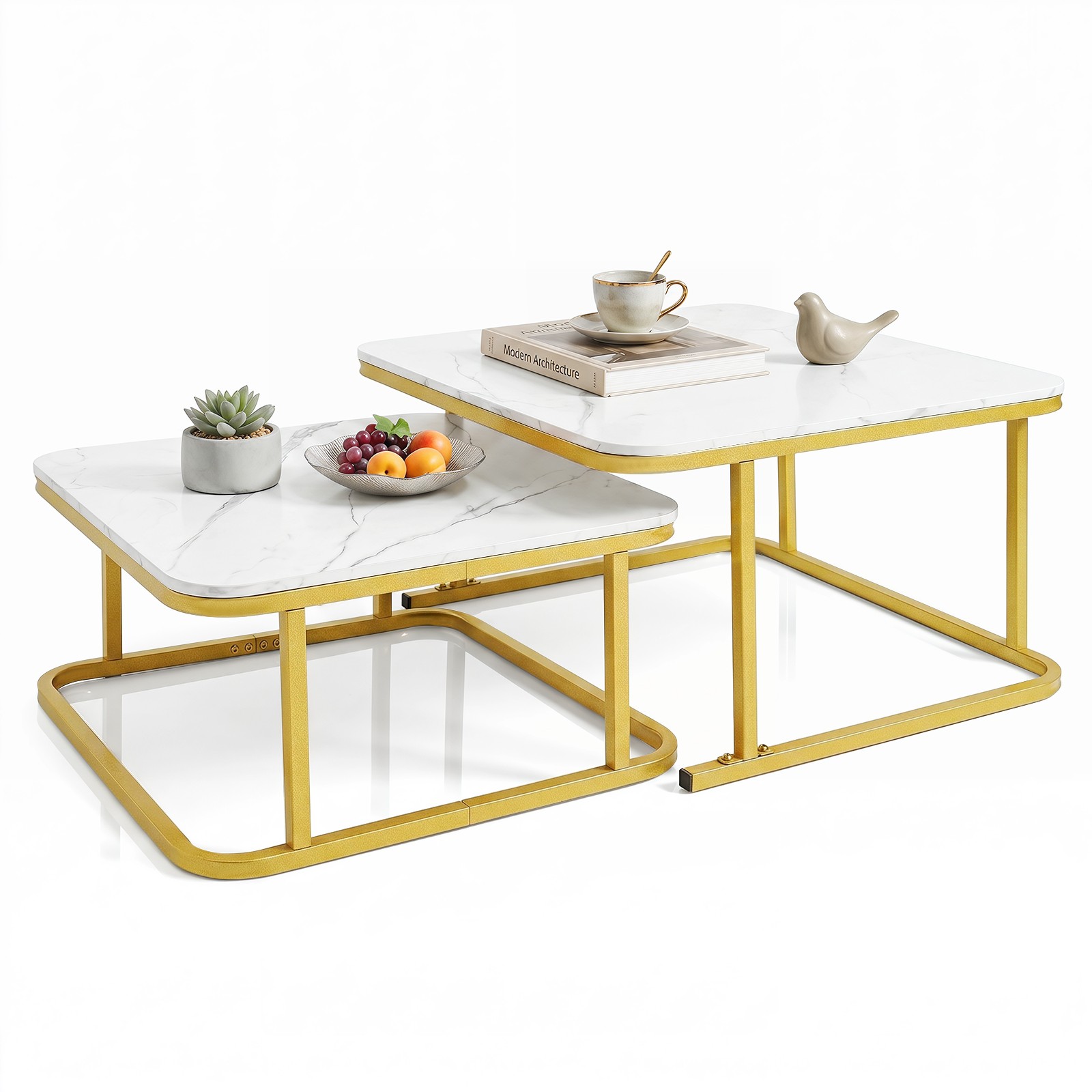 Nesting Coffee Table Set of 2 with Faux Marble Tabletop & Metal Frame for Home