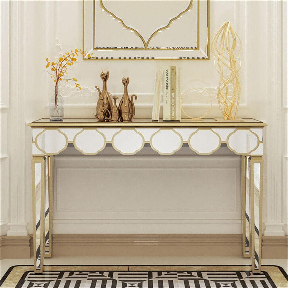 FATIVO Glass Mirrored Console Table Gold Trim Side Bar Table Living Room Hallway