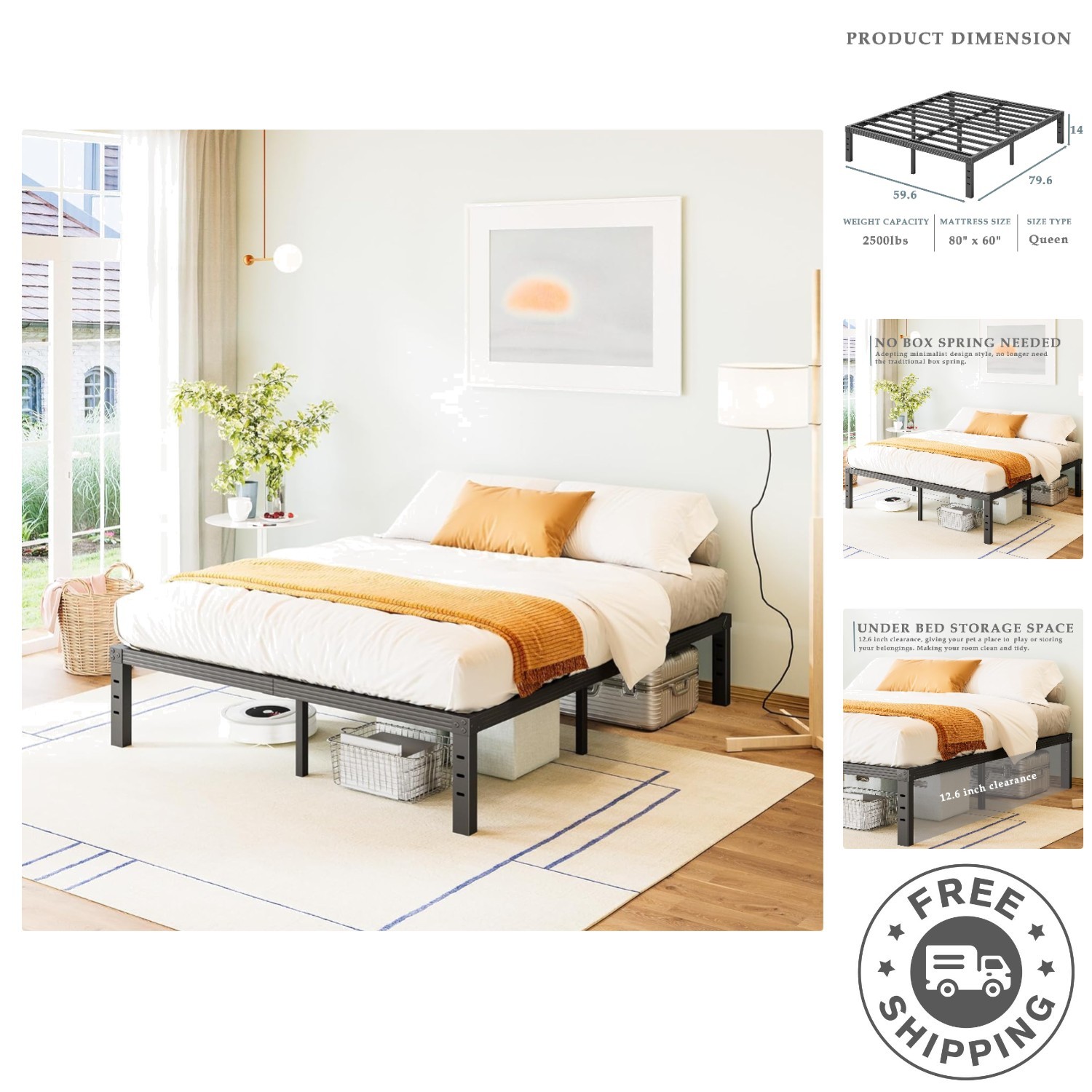 Heavy Duty 14 Inch Queen Bed Frame – Squeak Resistant, Easy Assembly in Black