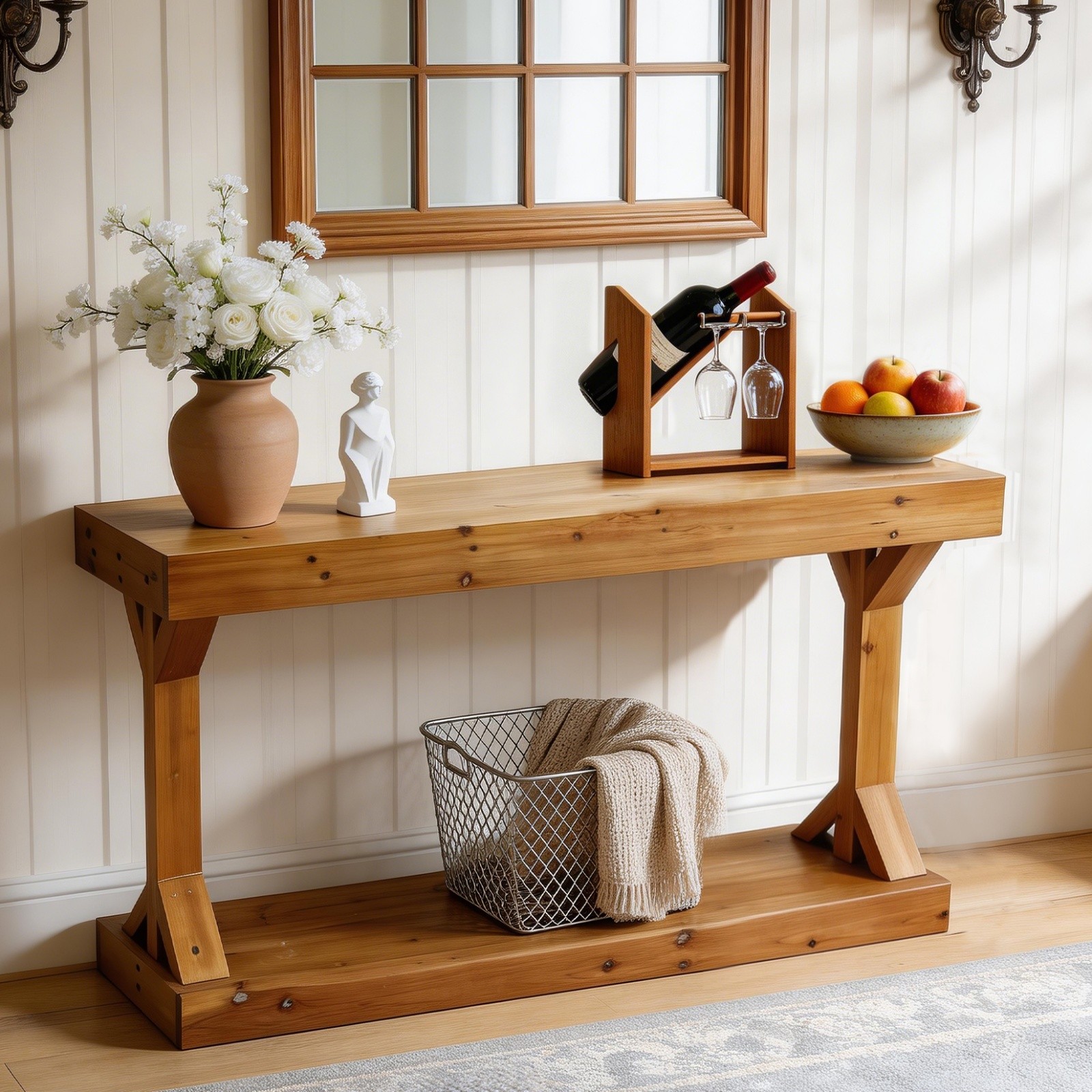 Long Solid Wood Console Table Rustic Farmhouse Entryway Sofa Table with Shelf