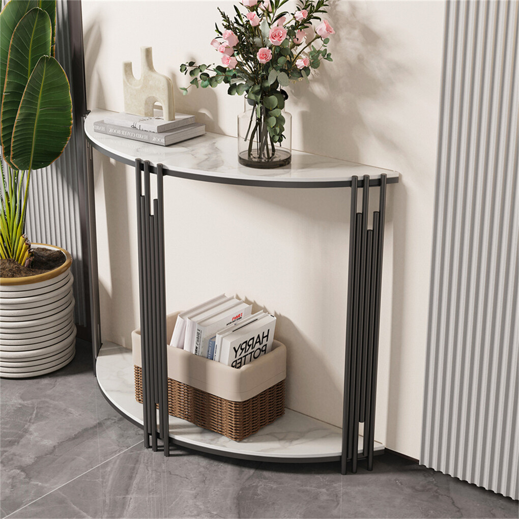 Classic White Marble Entryway Table Sintered Stone Top w Black Metal Leg Hallway