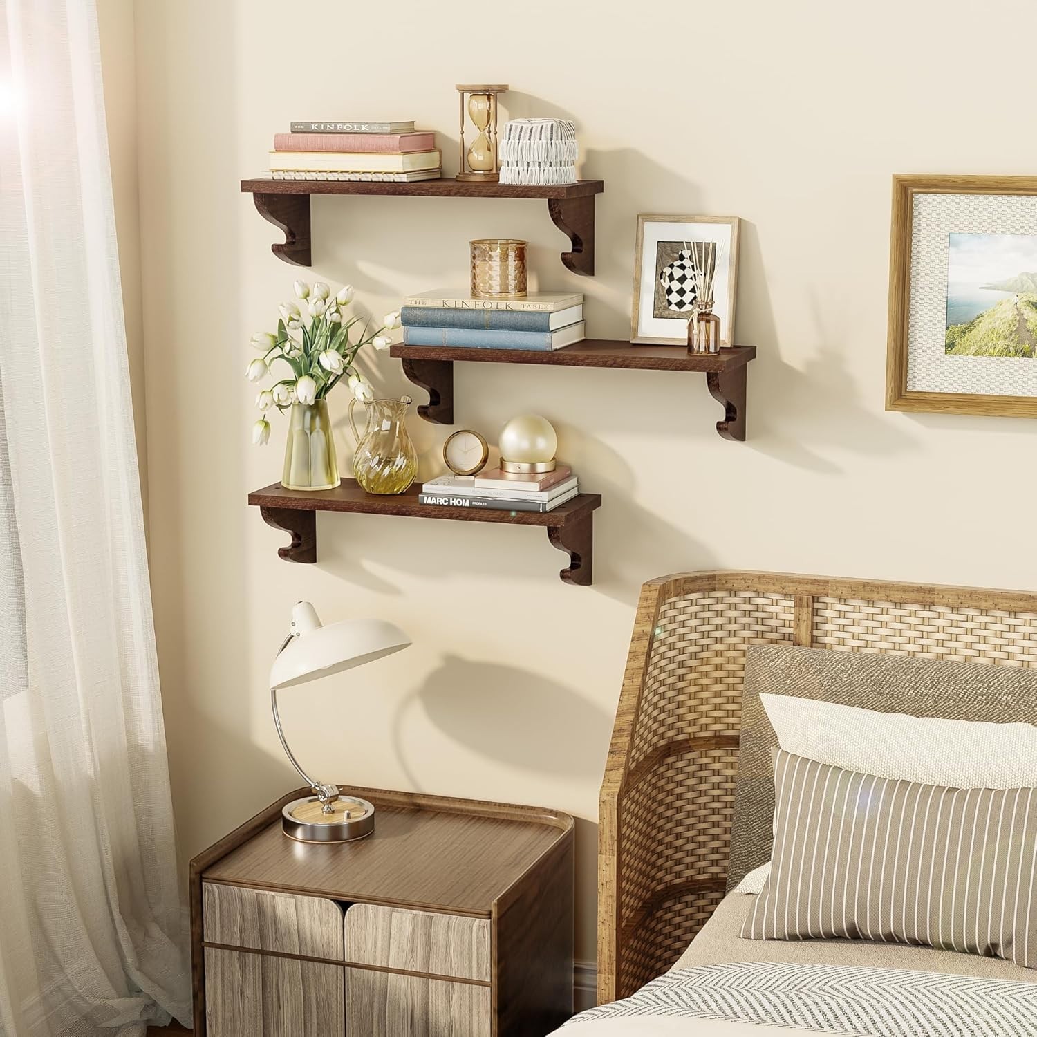 Rustic Light Walnut Floating Shelves – 3 Pack with Hooks for Stylish Storage