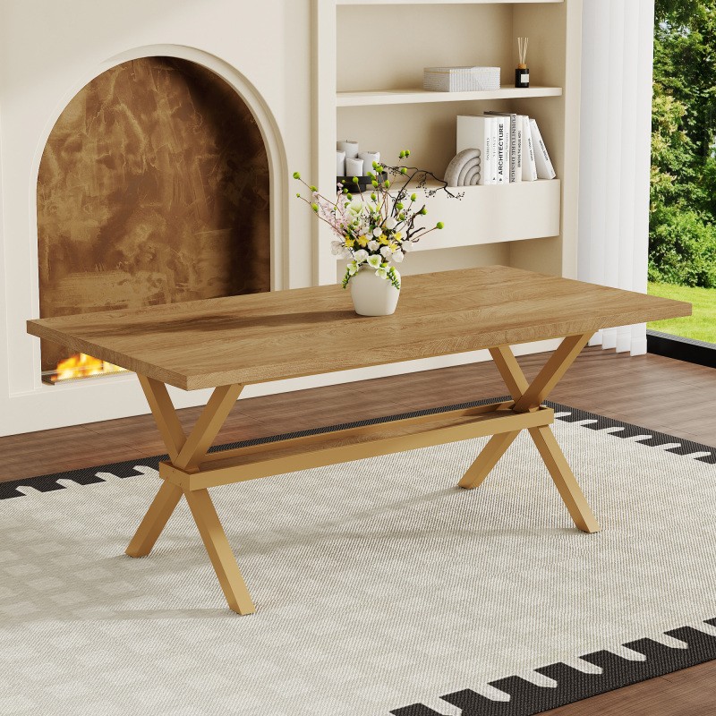71 Inch Rectangular Dining Table with X-Shape Metal Base Light Wood MDF Top