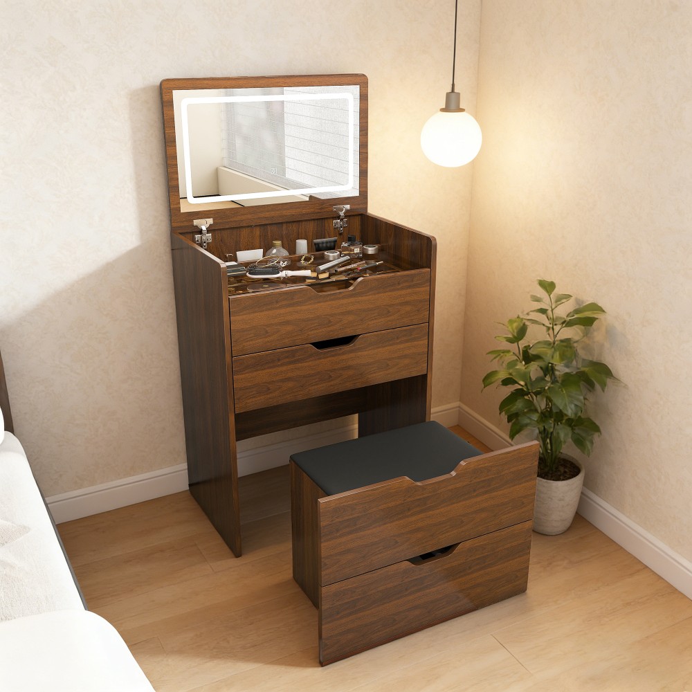 3-in-1 Vanity Desk with Lighted Mirror & Stool, Flip Top Makeup Dressing Table