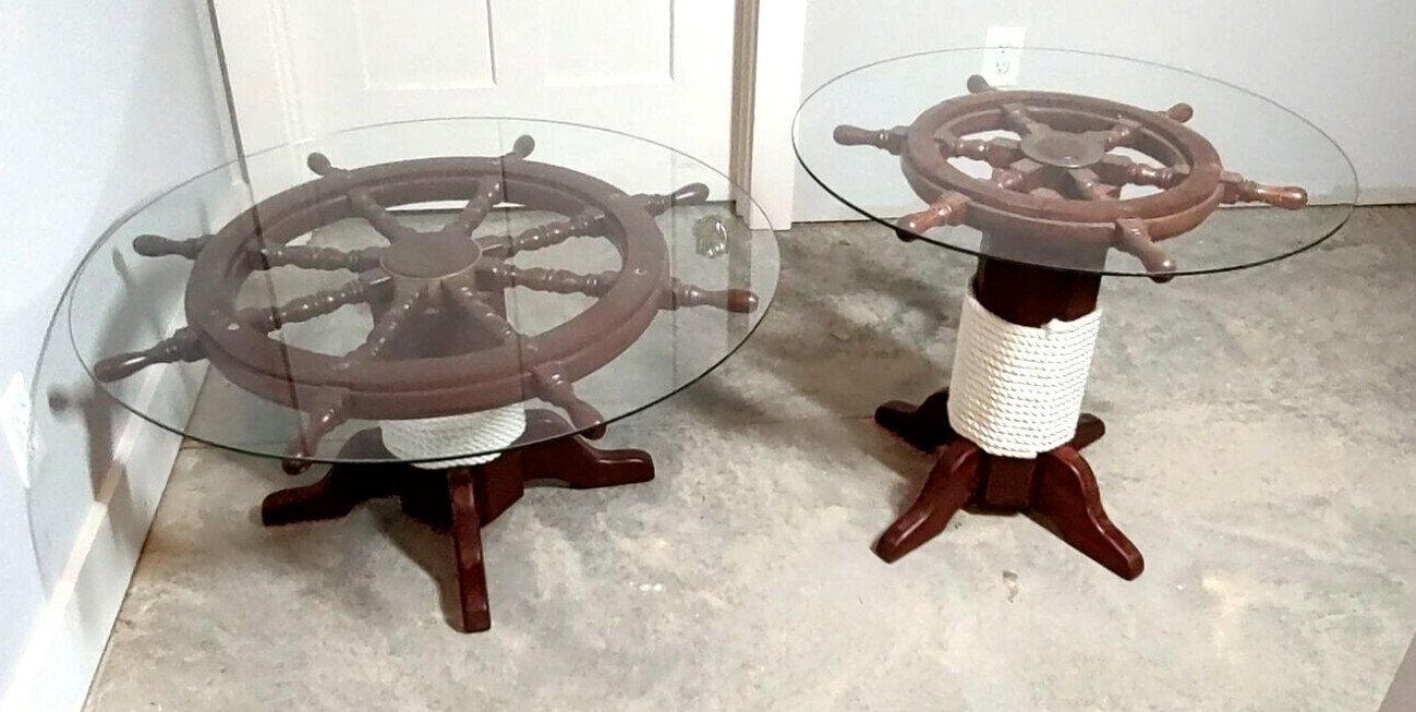 Ships Wheel Coffee End Tables Wood Glass Tops Nautical Rope Base Set of 2