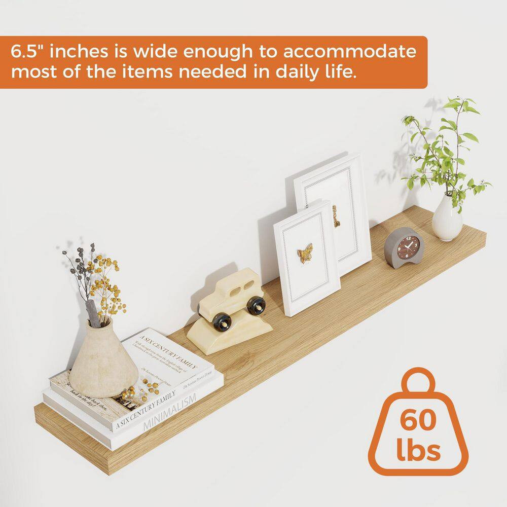 36 In. W X 6.5 In. D Oak Wall Mounted Floating Shelves with Invisible Brackets,