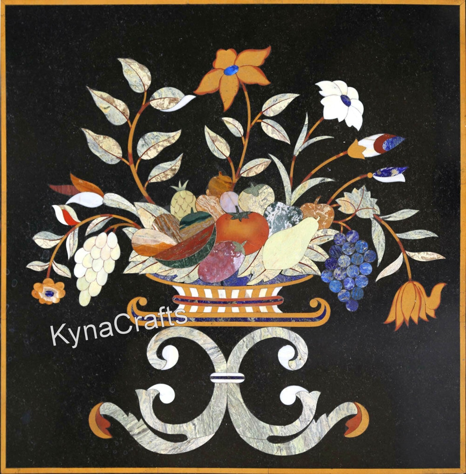 Black Marble Coffee Table Top Semi Precious Stone Inlay Work Kitchen Side Table