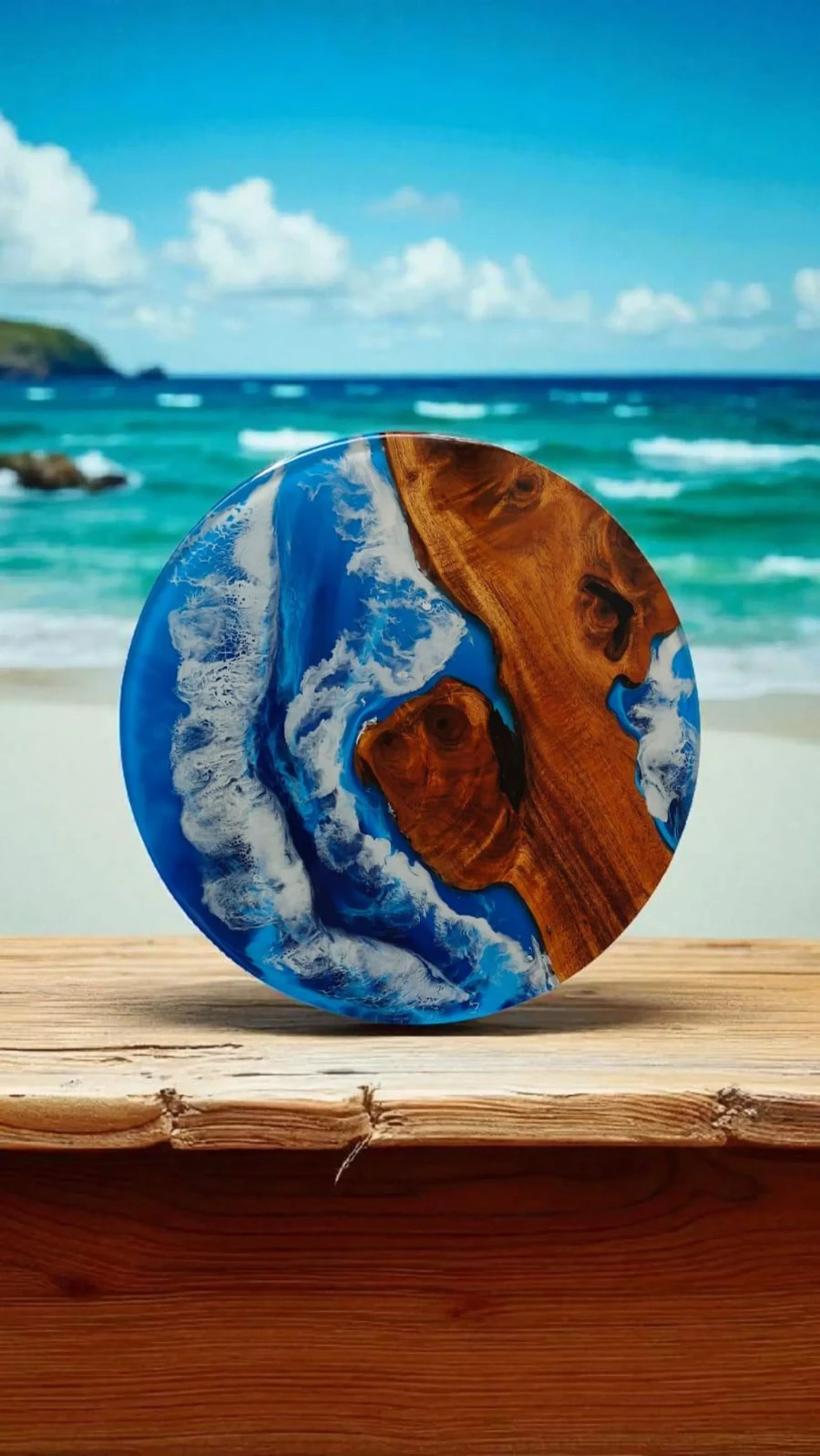 Live Edge Epoxy Ocean Table/Resin River Table with Ocean Wave Design Home Decor