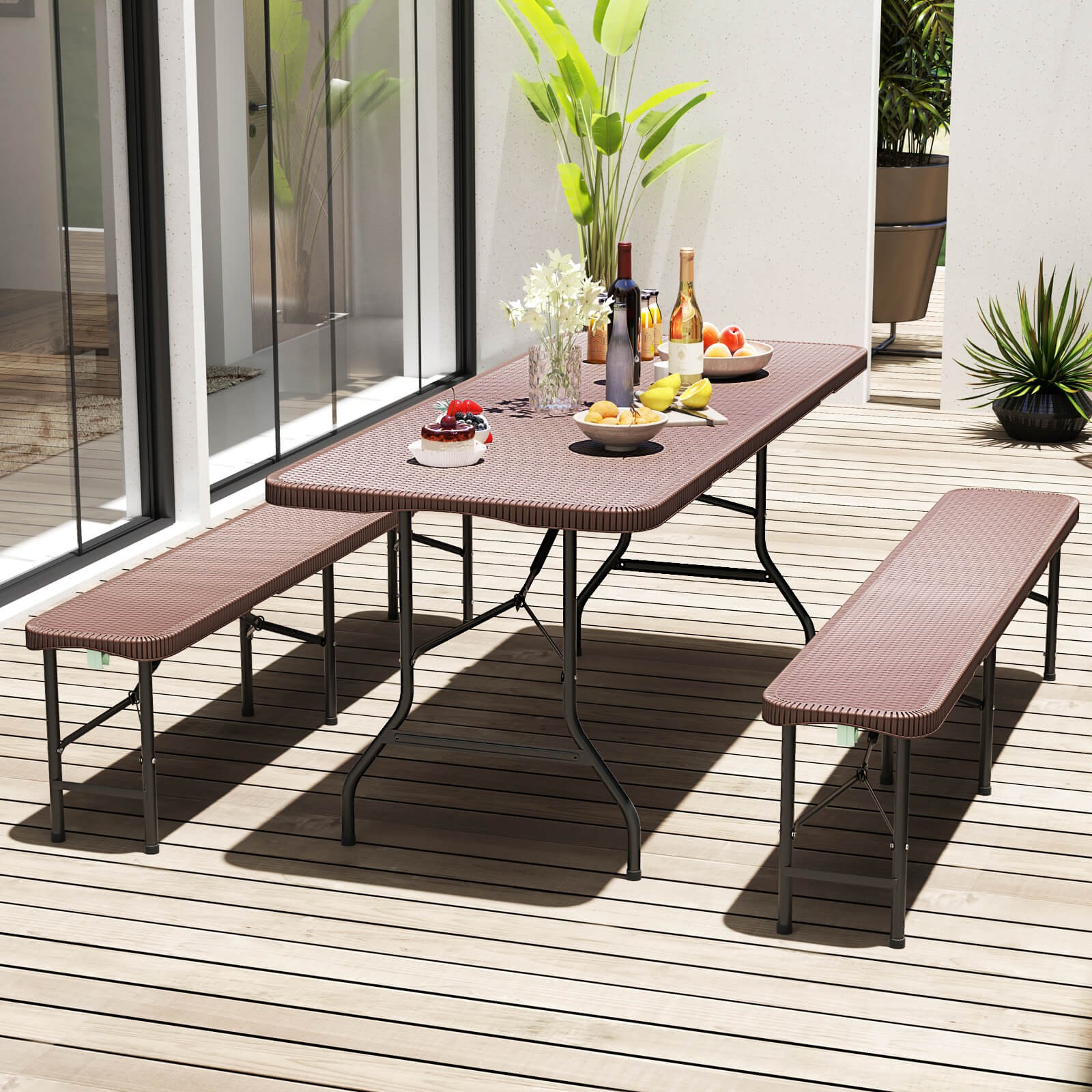 350 LBS Fold-in-Half Table w/ Rattan-Like HDPE Tabletop Safe Lock Mechanism