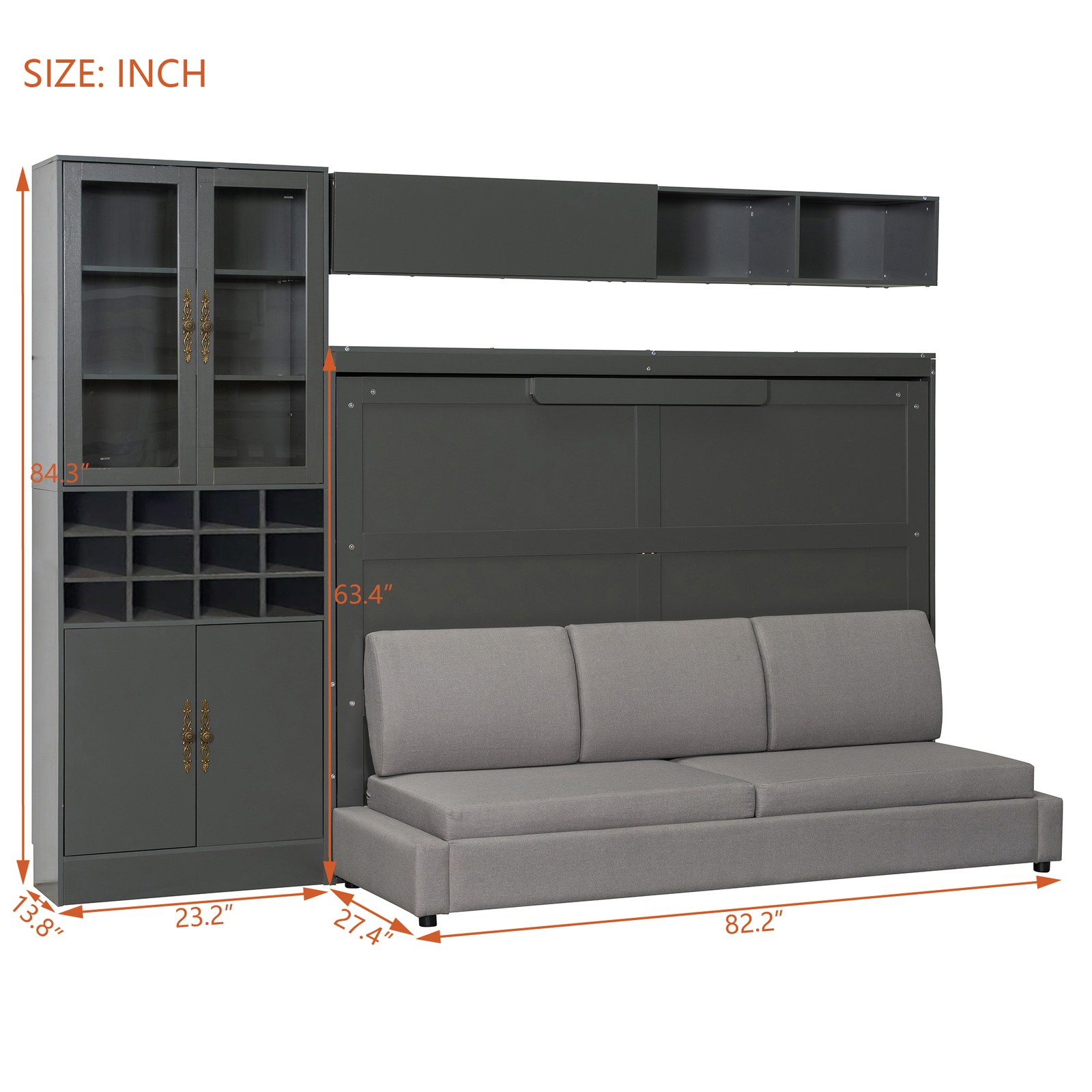 Full Size Murphy Bed with Sofa, Shelves, USB & Light, Gray