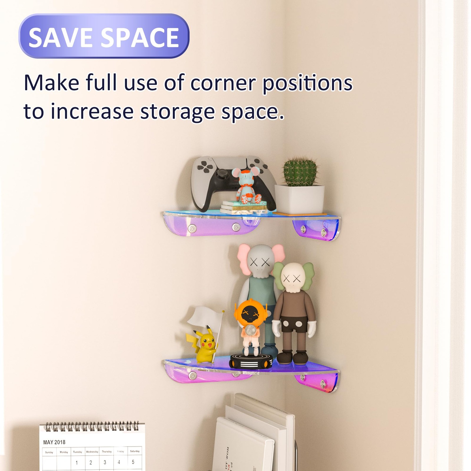 Sezanrpt 7×7 Inch Corner Shelf Wall Mount Set of 2, Iridescent Acrylic Corner…