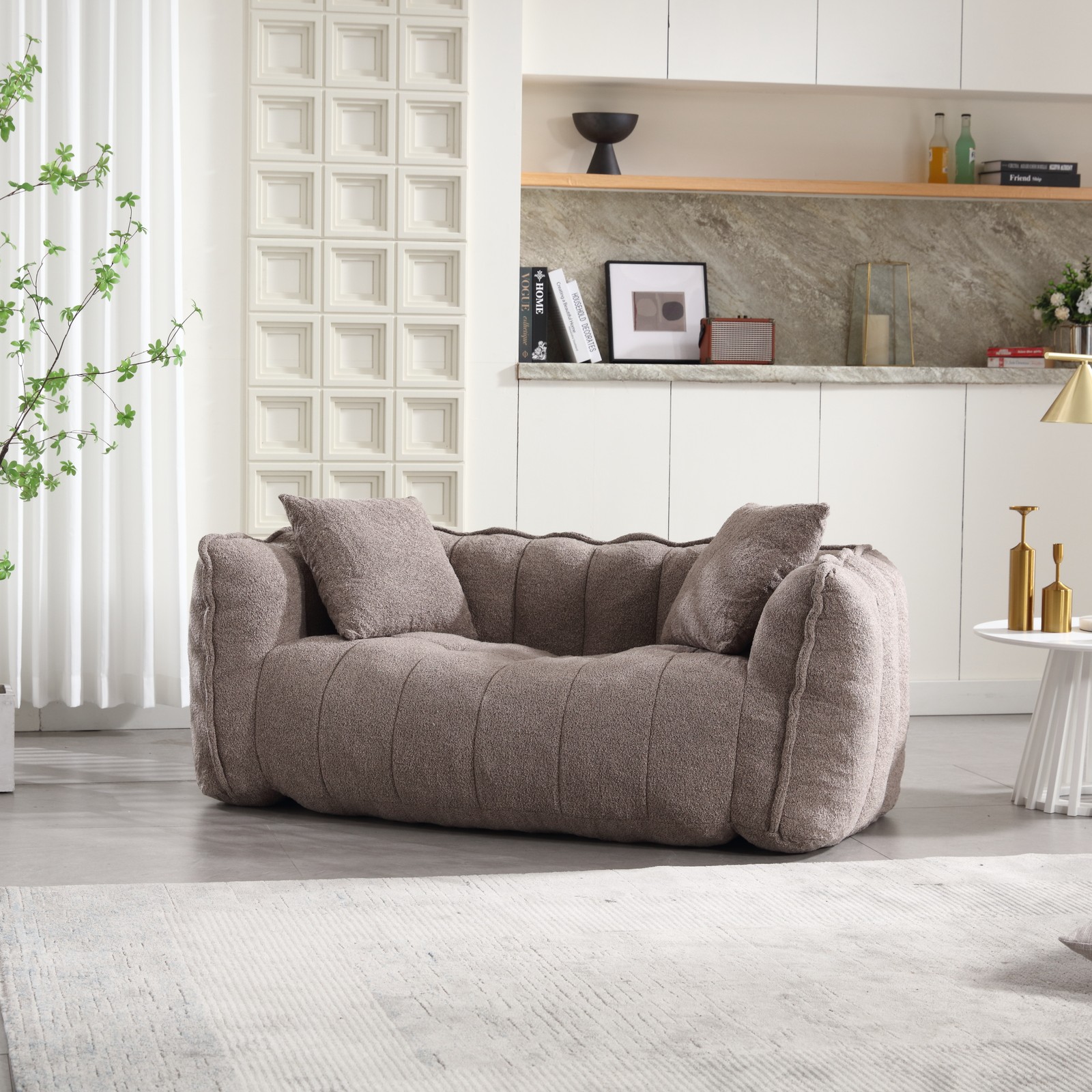 Large Brown Chenille Bean Bag Chair Sofa for Two, 66″L x 35″W
