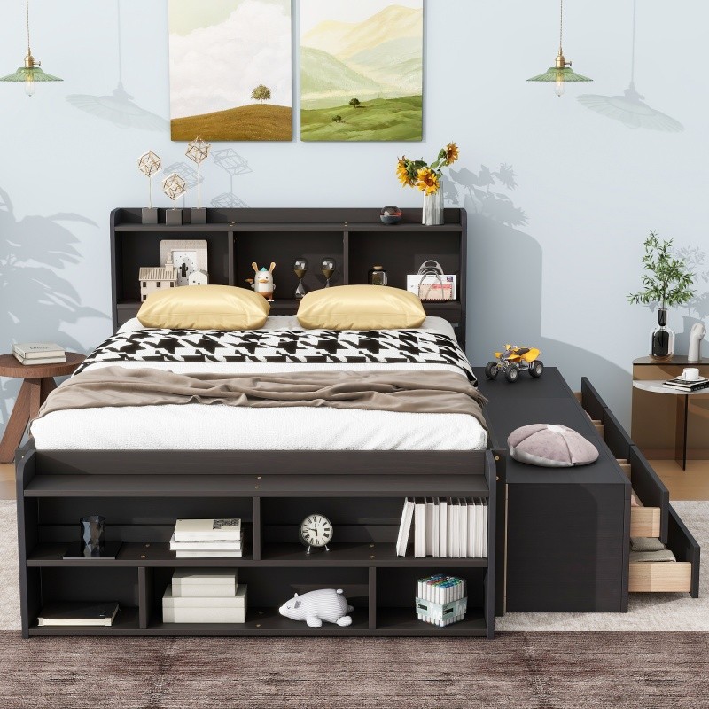 Full Size Wood Storage Bed w/Bookcase,6 Drawers & Bed End Storage Case Espresso