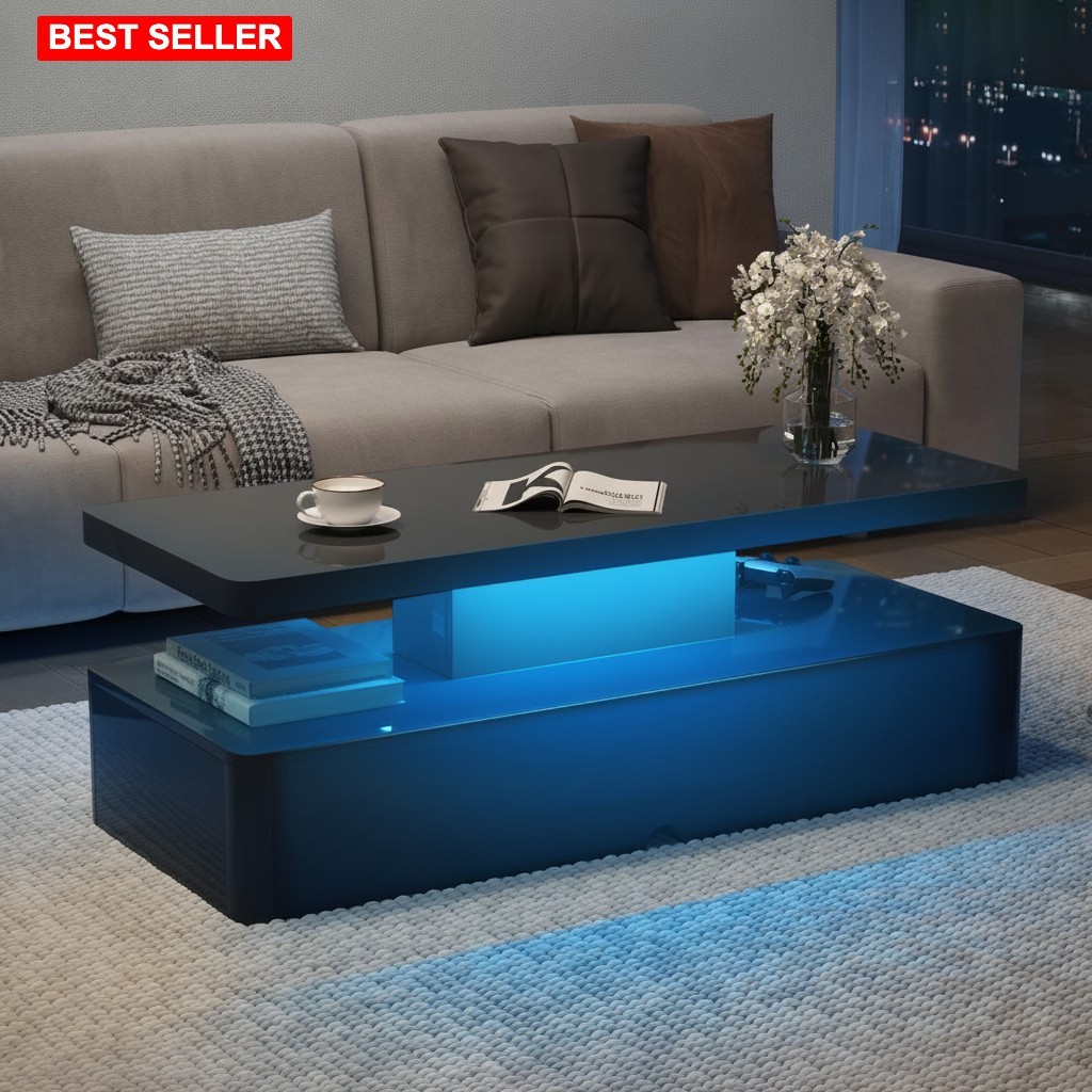 Coffee Table 40 Inches LED Lights Multi-Color Remote Control Modern Storage